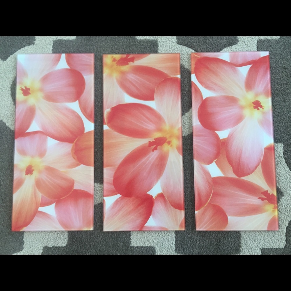 Set of 3 Floral Glass Wall Art